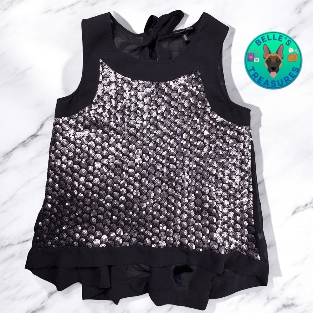 Victoria's Secret Tank Top Womens S Black Sliver Sequin Bow Back Slowly Y2K Club